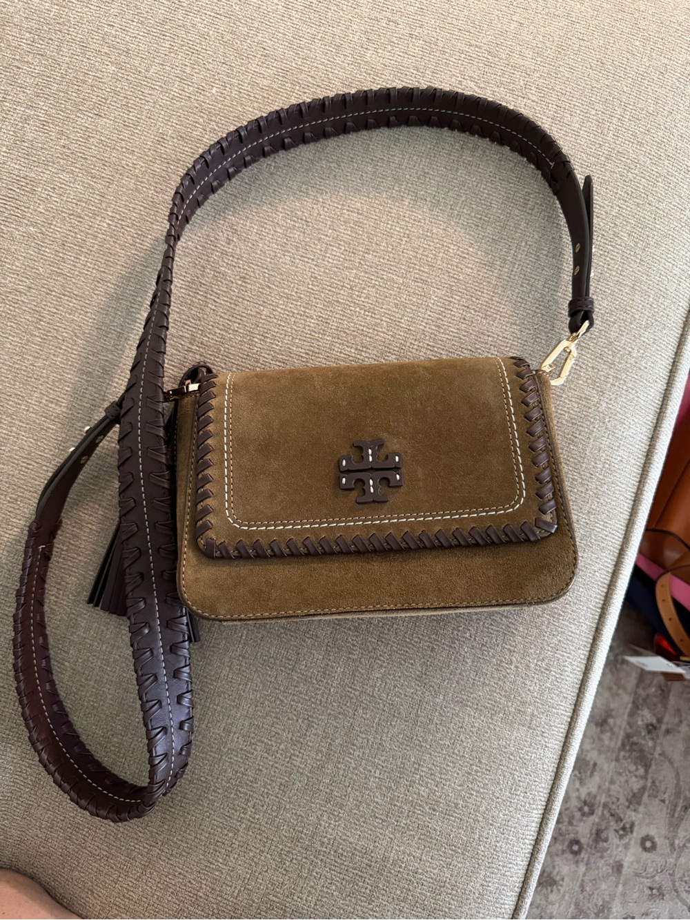 Tory Burch Olive Green Suede Crossbody with Dark Brown Trim